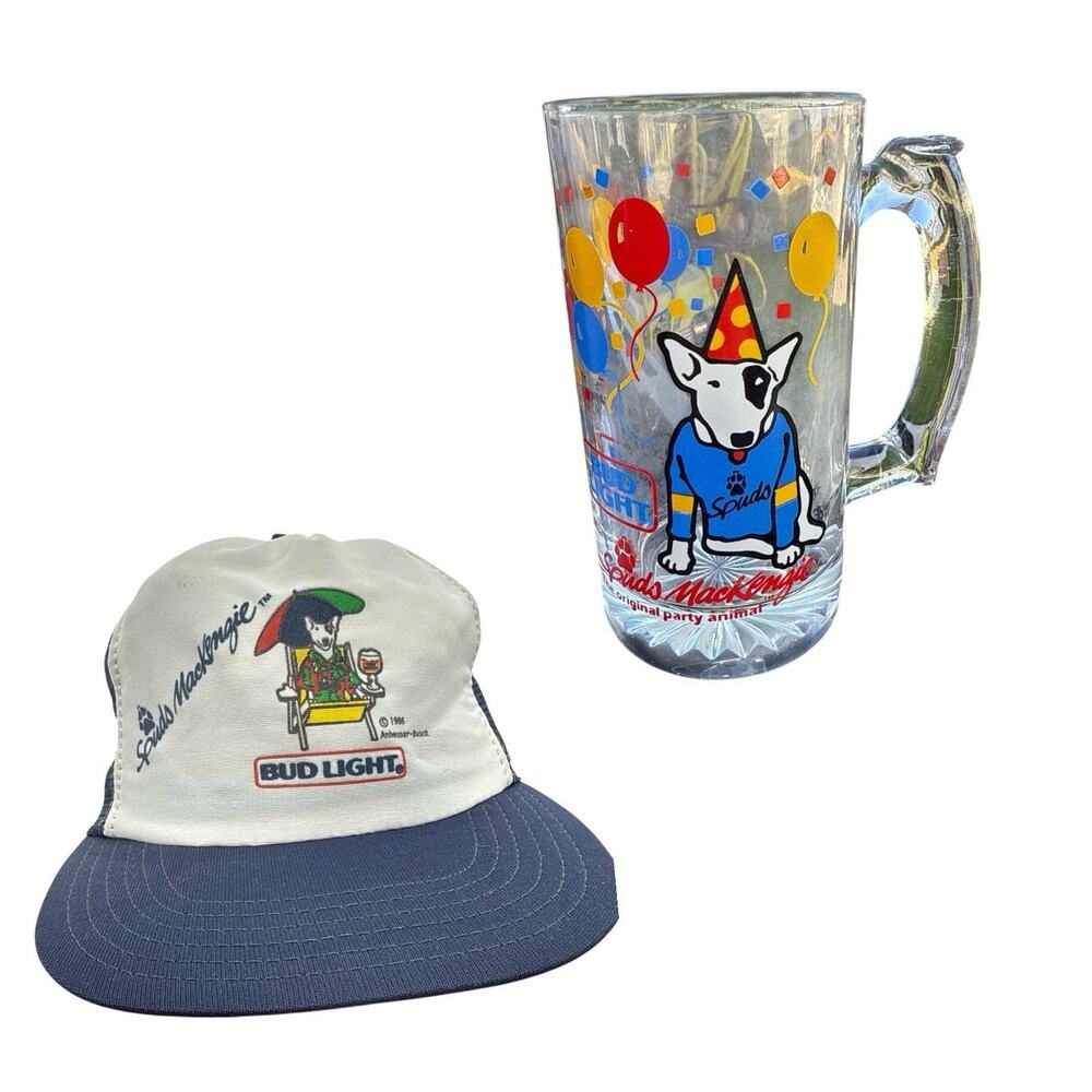 * No Foam * VTG Spuds Mackenzie Hat Cap SnapBack Trucker Bud Light & Mug